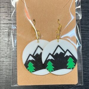 Mountain Scene Earrings with Green and Black Accents Gold Plated Hypoallergenic
